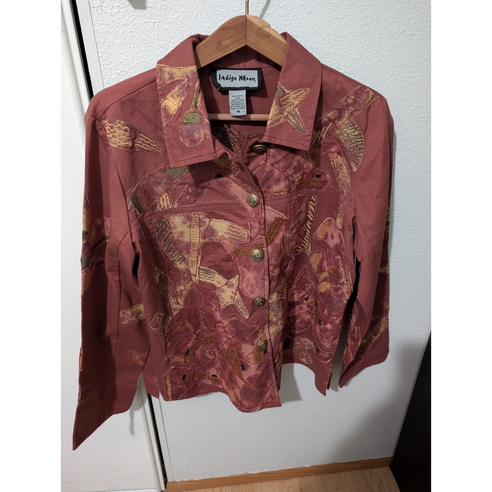 Artsy Boho Indigo Moon Embroidered Shirt Jacket Patchwork Floral Rust Red‎ M